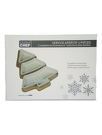 Set apéritif de Noël 3 coupelles avec plateau en bambou en forme de sapin