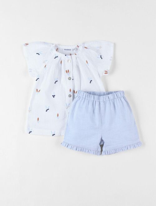 Set blouse brodé fleuri + short, écru/bleu ciel Noukie's - Kiabi