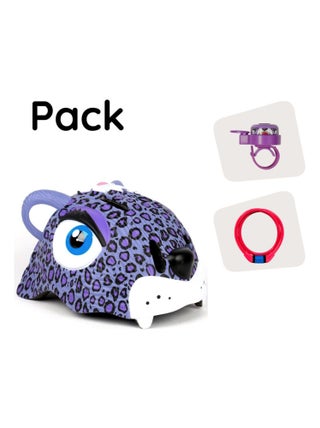 Set casque de vélo pour enfants, antivol et sonnette | Leopard Violet