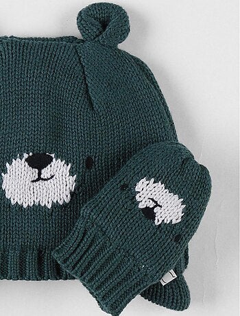 Lot bonnet et moufles bébé en coton - SAUTHON - Vert - Kiabi - 10.39€