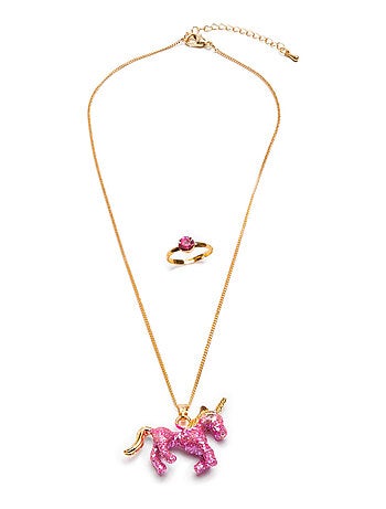 Set collier et bague Licorne rose pailletée Great Pretenders