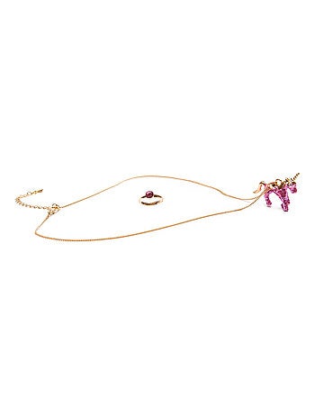 Set collier et bague Licorne rose pailletée Great Pretenders