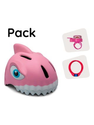 Set Crazy Safety -casque de vélo pour enfants, antivol et sonnette |Requin rose