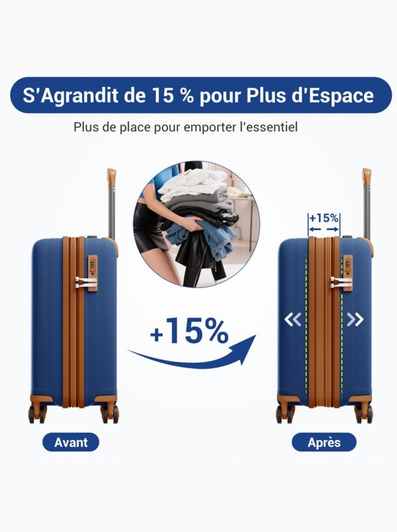 Set de 2 bagages - polypropylène, légère, 4 roulettes, serrure tsa - kono Bleu marine - Kiabi