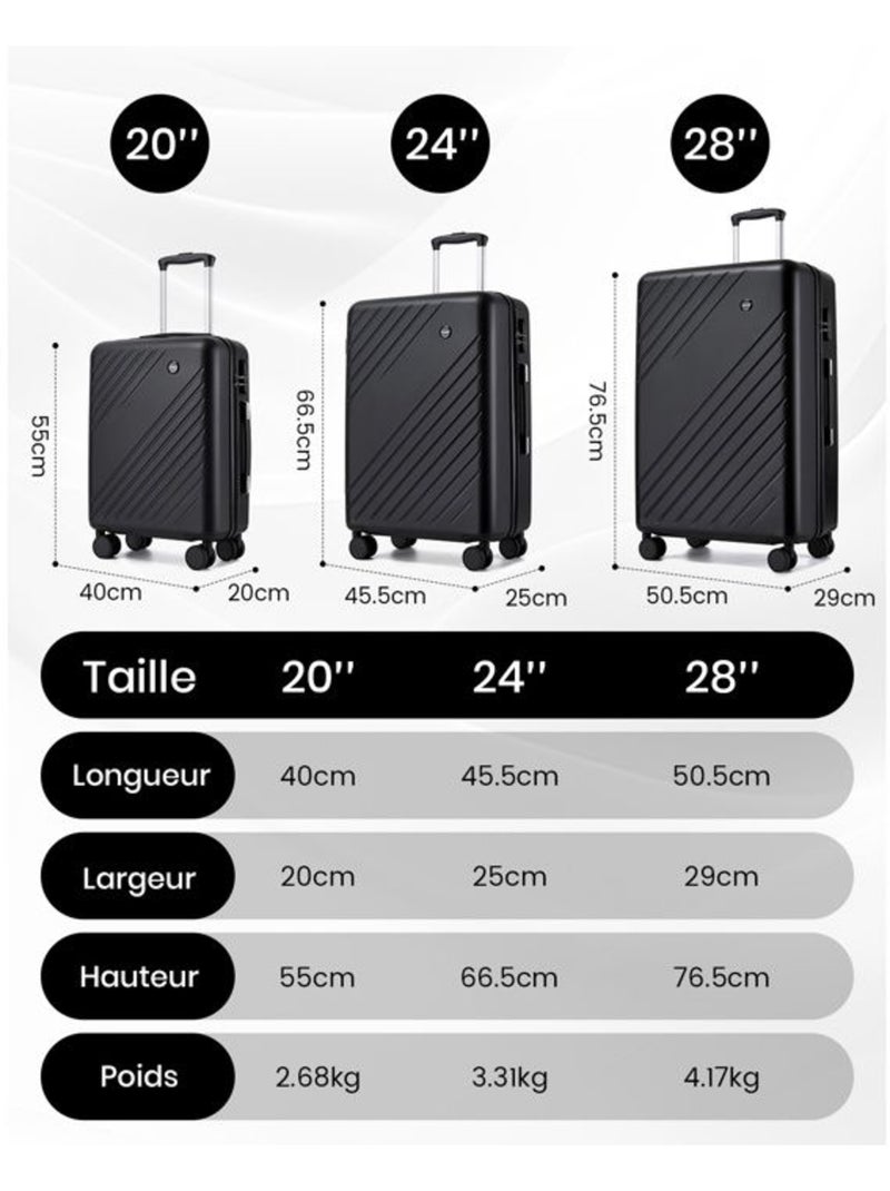 Set de 2 bagages - rigide, abs + polycarbonate, 4 roulettes - kono Noir - Kiabi