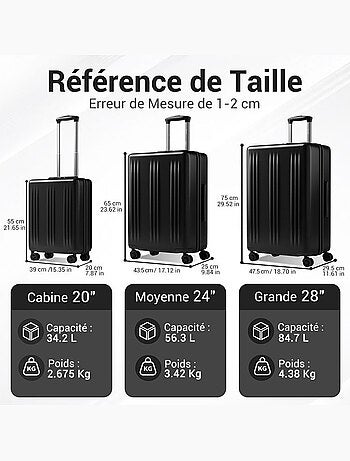 Set de 2 bagages - rigide, abs + polycarbonate, légère, 4 roulettes - kono