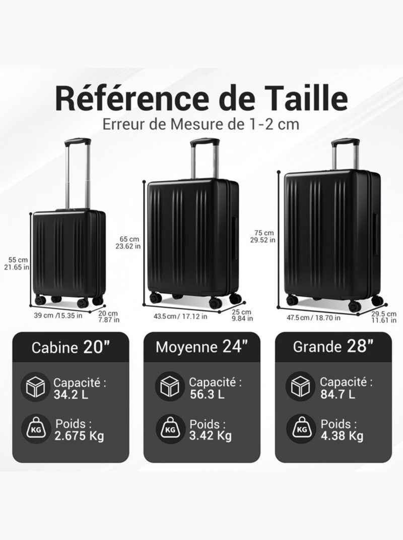 Set de 2 bagages - rigide, abs + polycarbonate, légère, 4 roulettes - kono Noir - Kiabi