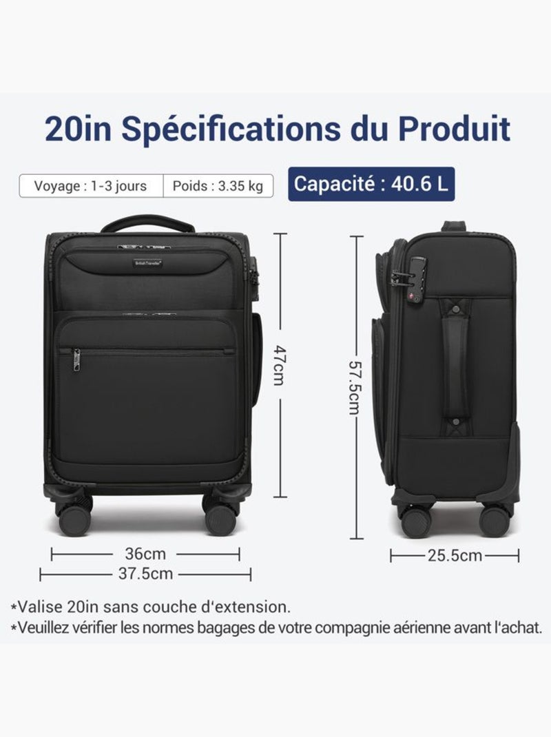 Set de 2 bagages - souple, 4 roulettes, serrure tsa - british traveller Noir - Kiabi