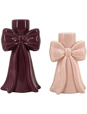 Set de 2 bougeoirs en céramique noeud violet et rose
