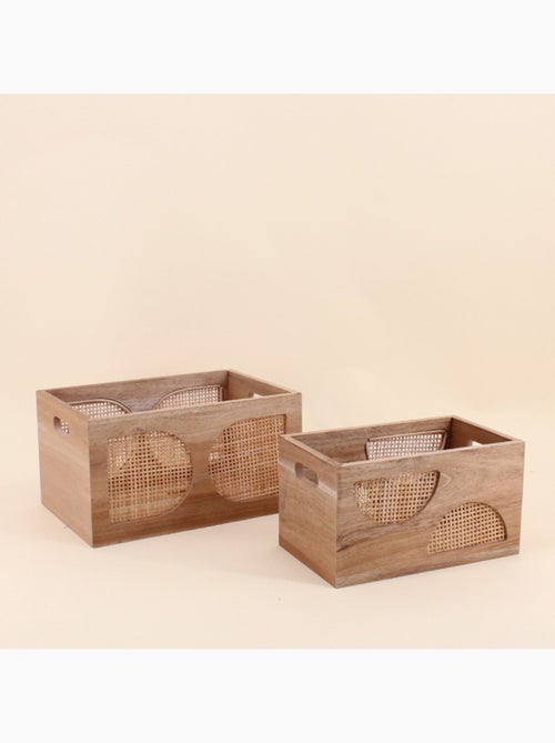 Set de 2 caisses en bois détails rotin - Kiabi