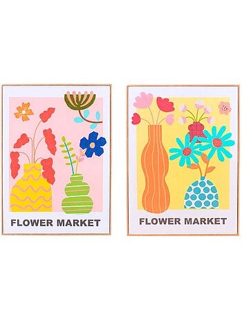 Set de 2 images encadrées colorées avec fleurs brodées 45x60cm