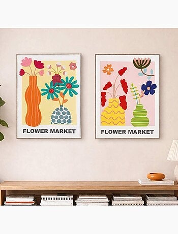 Set de 2 images encadrées colorées avec fleurs brodées 45x60cm