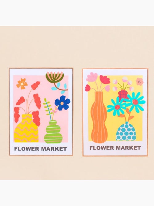 Set de 2 images encadrées colorées avec fleurs brodées 45x60cm - Kiabi