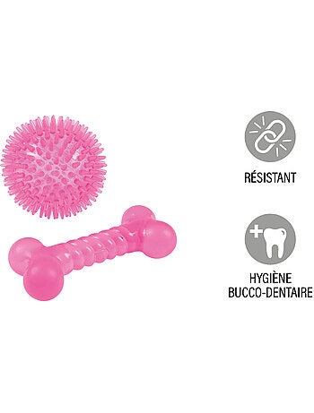 Set de 2 jouets balle et os rose 13 x 8 cm pour chien