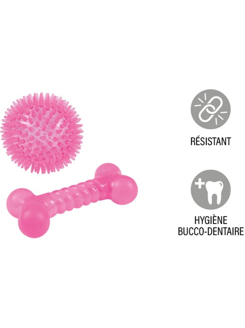 Set de 2 jouets balle et os rose 13 x 8 cm pour chien - Kiabi Set de 2 jouets balle et os rose 13 x 8 cm pour chien - Kiabi