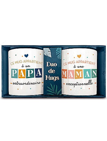 Set de 2 mugs en céramique blanche Papa et Maman avec paillettes
