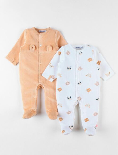 Set de 2 pyjamas 1 pièce en velours, écru/abricot - Noukie's - Kiabi