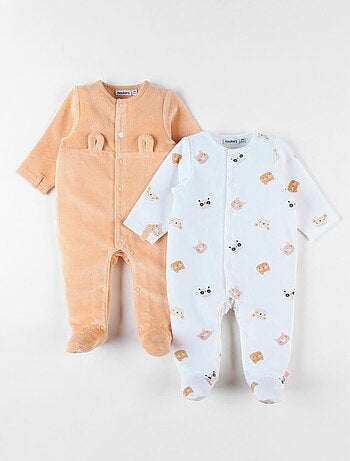 Set de 2 pyjamas 1 pièce en velours, écru/abricot Noukie's