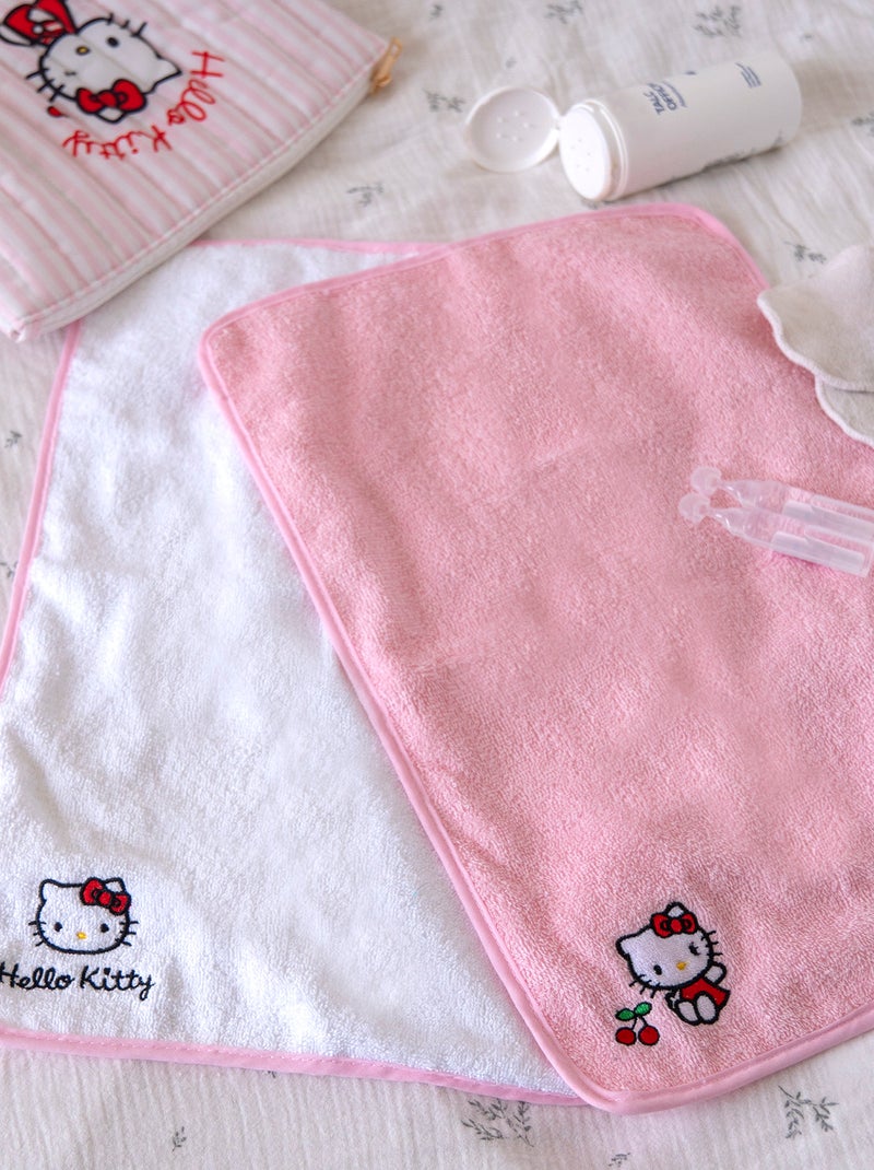 Set de 2 Serviettes Brodées - Change Bébé -Hello Kitty - Matière Eponge Absorbante - 100% coton Blanc Rose - Kiabi