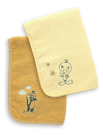 Set de 2 Serviettes Brodées - LOONEY TUNES - Change Bébé - Matière Eponge Absorbante - 100% coton