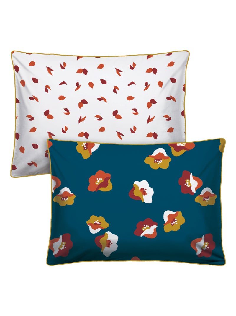 Set de 2 taies d'oreiller imprimées en percale de coton BIO, NARCISSE Bleu paon - Kiabi