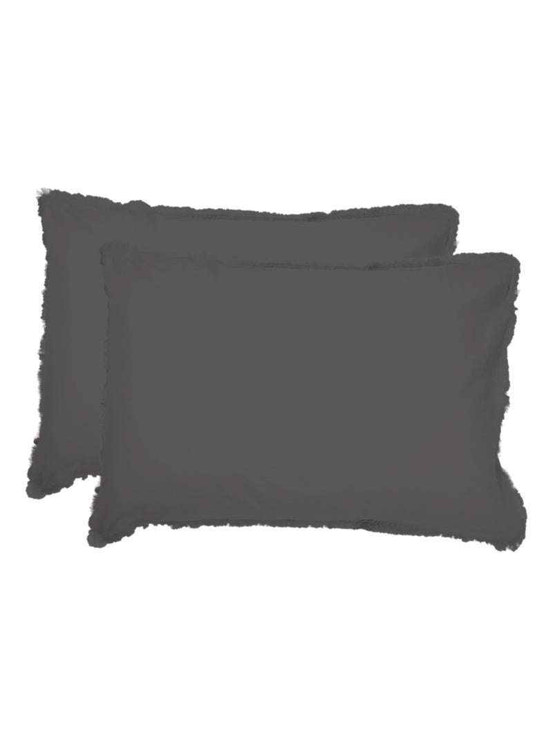 Set de 2 taies d'oreiller unies à franges, COTON LAVÉ gris anthracite - Kiabi