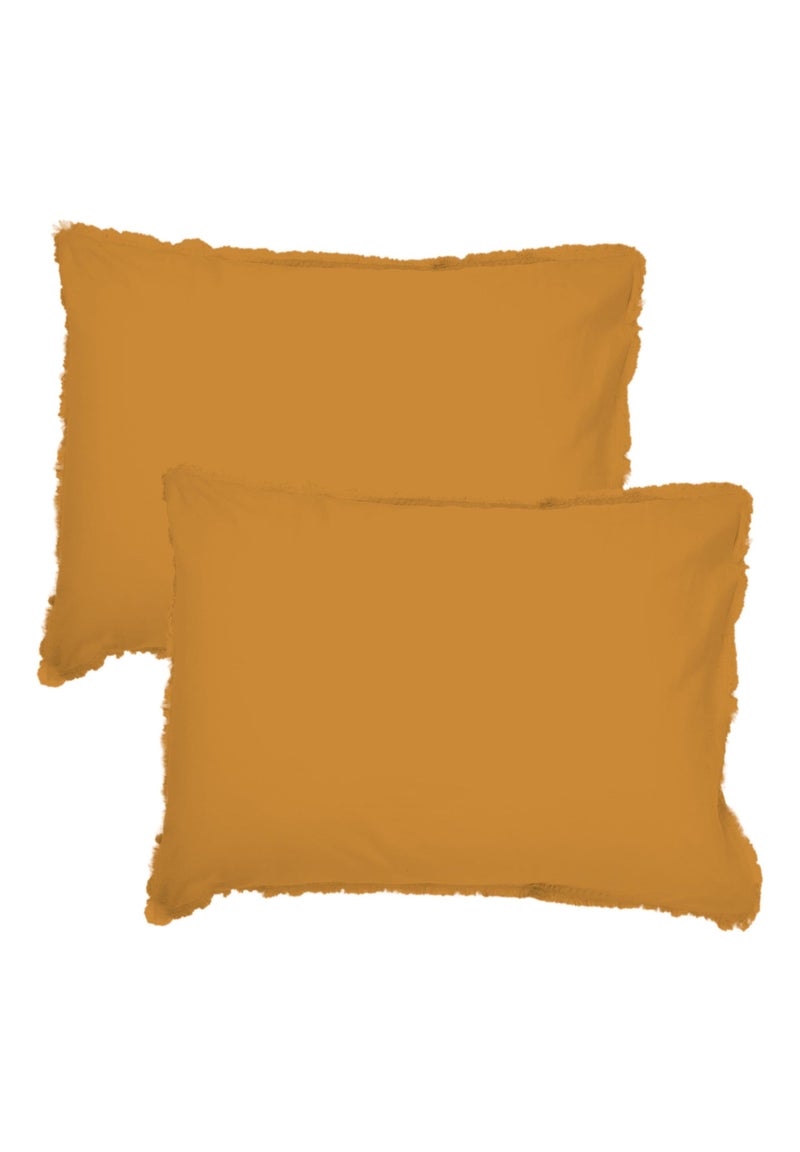 Set de 2 taies d'oreiller unies à franges, COTON LAVÉ Marron caramel - Kiabi