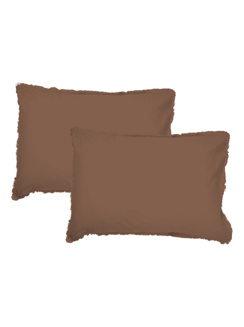 Set de 2 taies d'oreiller unies à franges, COTON LAVÉ Marron chocolat - Kiabi