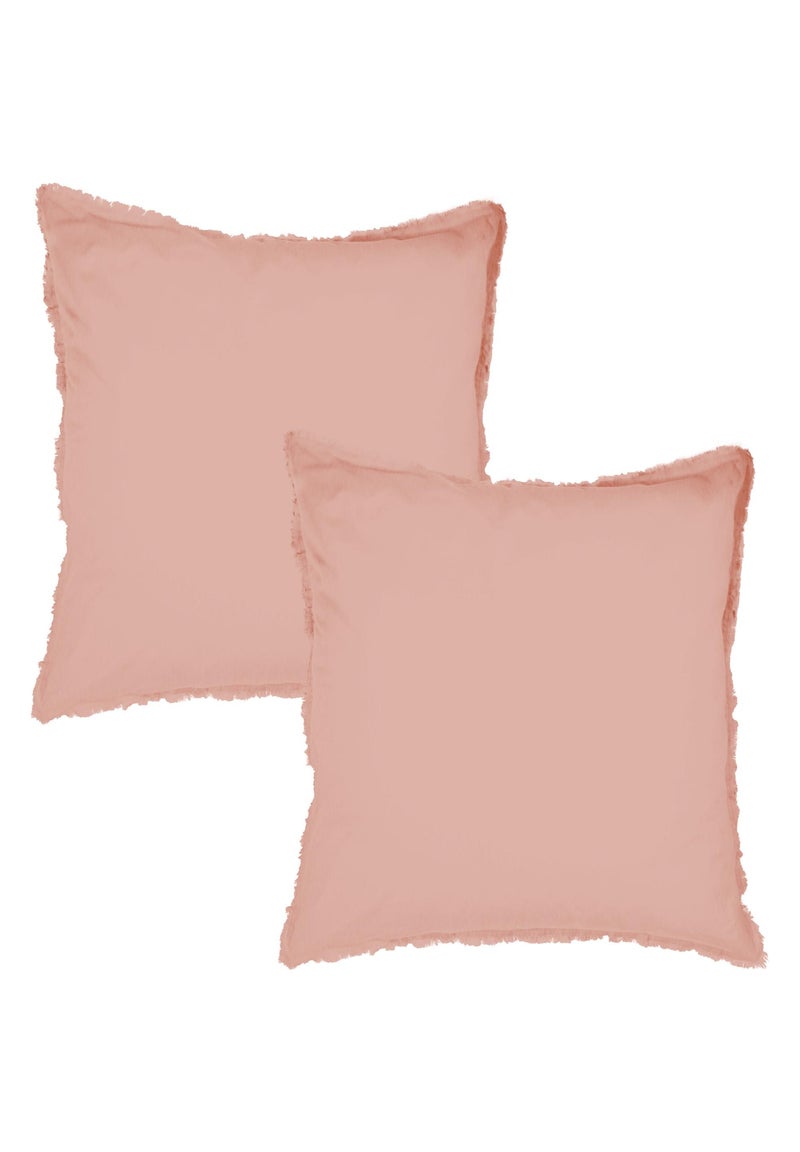 Set de 2 taies d’oreiller unies à franges, COTON LAVÉ Rose pâle - Kiabi