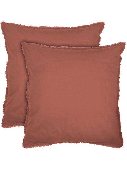 Set de 2 taies d'oreiller unies à franges, COTON LAVÉ - Kiabi