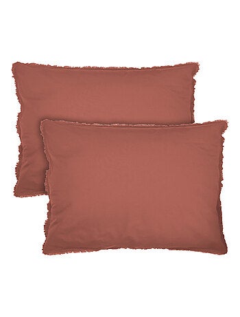 Set de 2 taies d'oreiller unies à franges, COTON LAVÉ