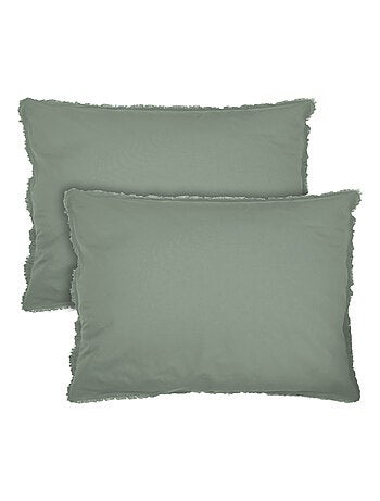 Set de 2 taies d'oreiller unies à franges, COTON LAVÉ