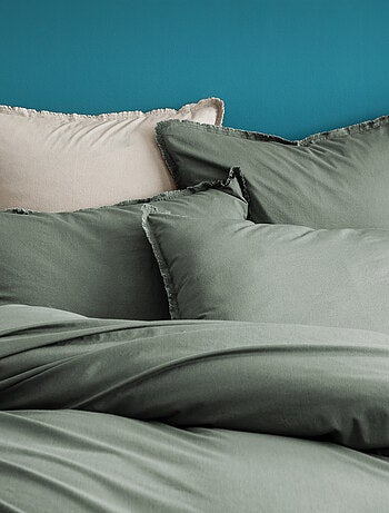 Set de 2 taies d'oreiller unies à franges, COTON LAVÉ