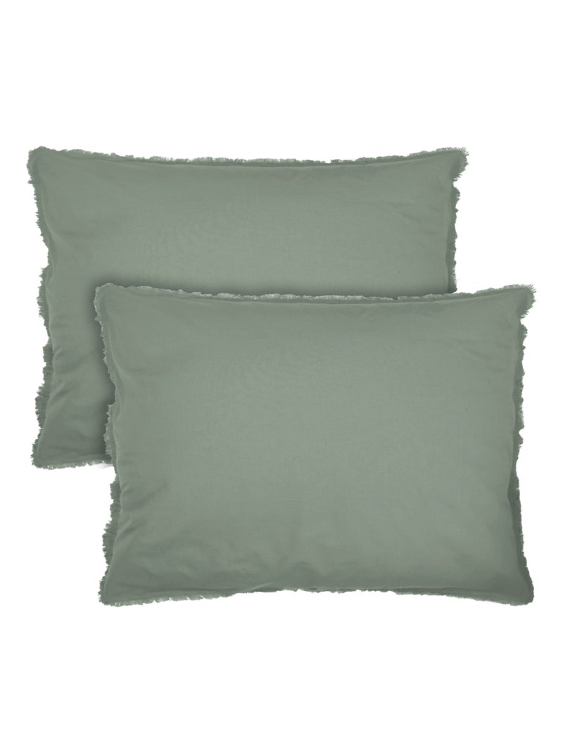 Set de 2 taies d'oreiller unies à franges, COTON LAVÉ Vert kaki clair - Kiabi