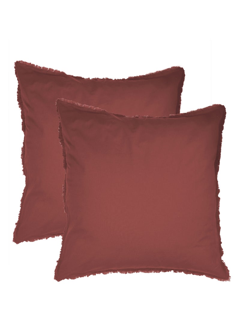 Set de 2 taies d'oreiller unies à franges, COTON LAVÉ Violet - Kiabi
