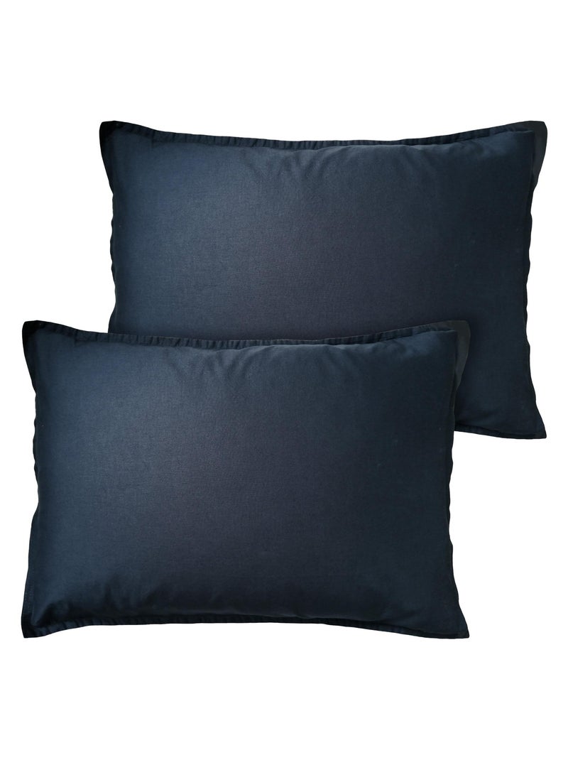 Set de 2 taies d'oreiller unies à volant, COTON LAVÉ Bleu nuit - Kiabi