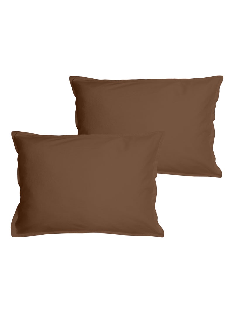 Set de 2 taies d'oreiller unies à volant, COTON LAVÉ Marron chocolat - Kiabi