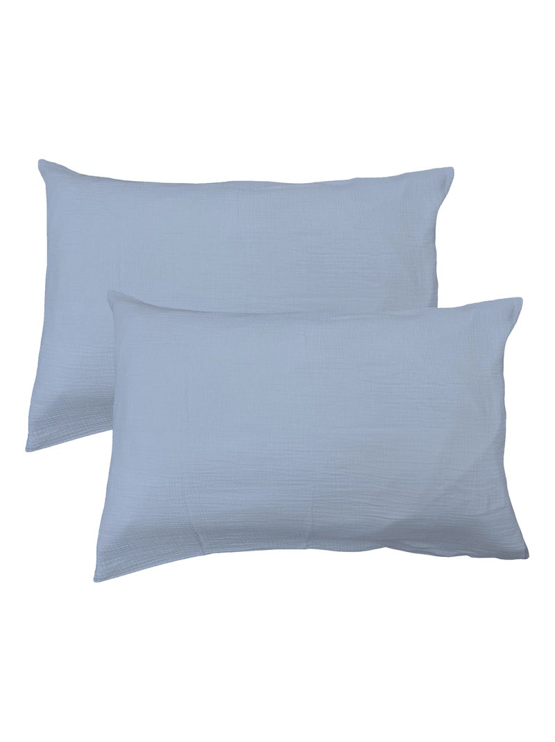 Set de 2 taies d'oreiller unies en coton, GAZE DE COTON Bleu clair - Kiabi