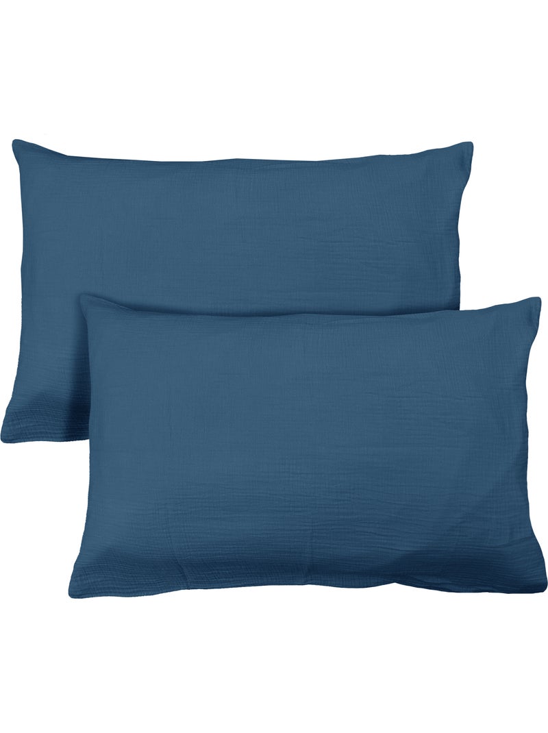 Set de 2 taies d'oreiller unies en coton, GAZE DE COTON Bleu paon - Kiabi