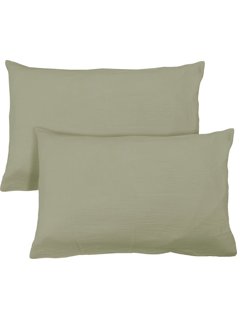 Set de 2 taies d'oreiller unies en coton, GAZE DE COTON Pistache - Kiabi