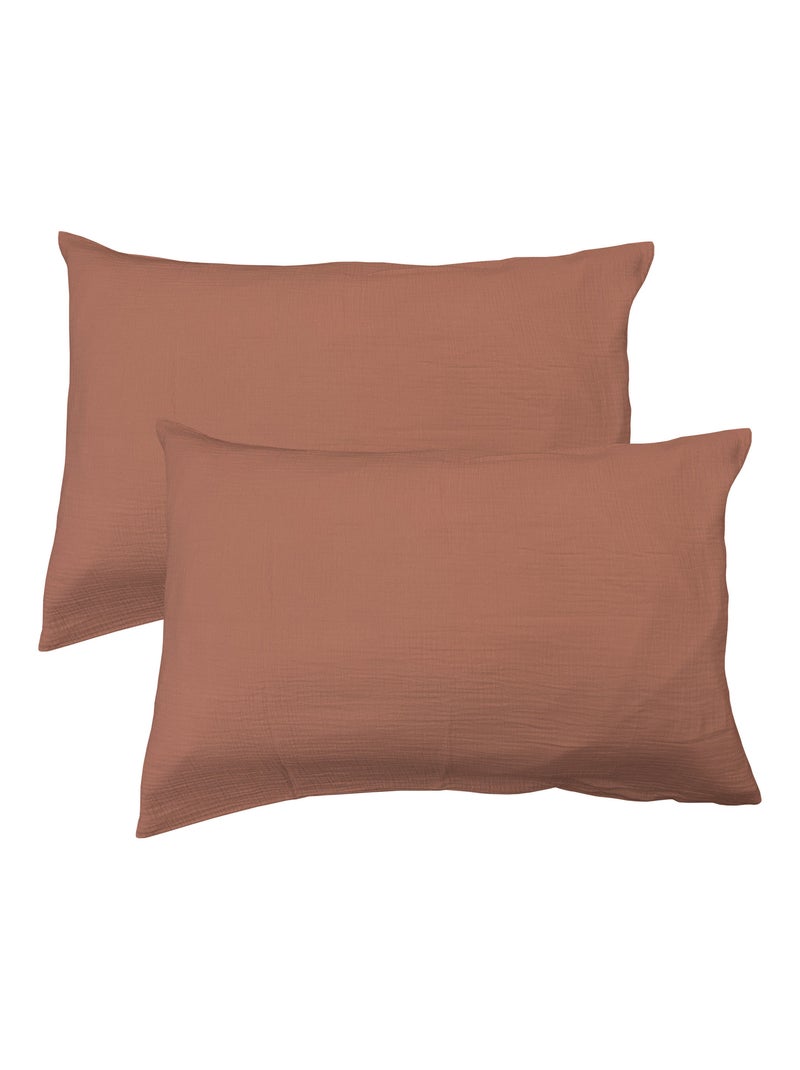 Set de 2 taies d'oreiller unies en coton, GAZE DE COTON Terracotta - Kiabi