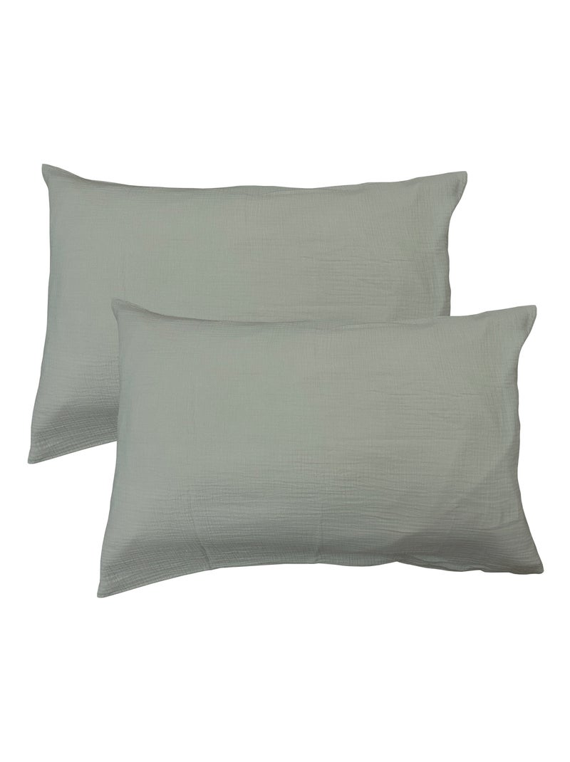 Set de 2 taies d'oreiller unies en coton, GAZE DE COTON Vert kaki clair - Kiabi