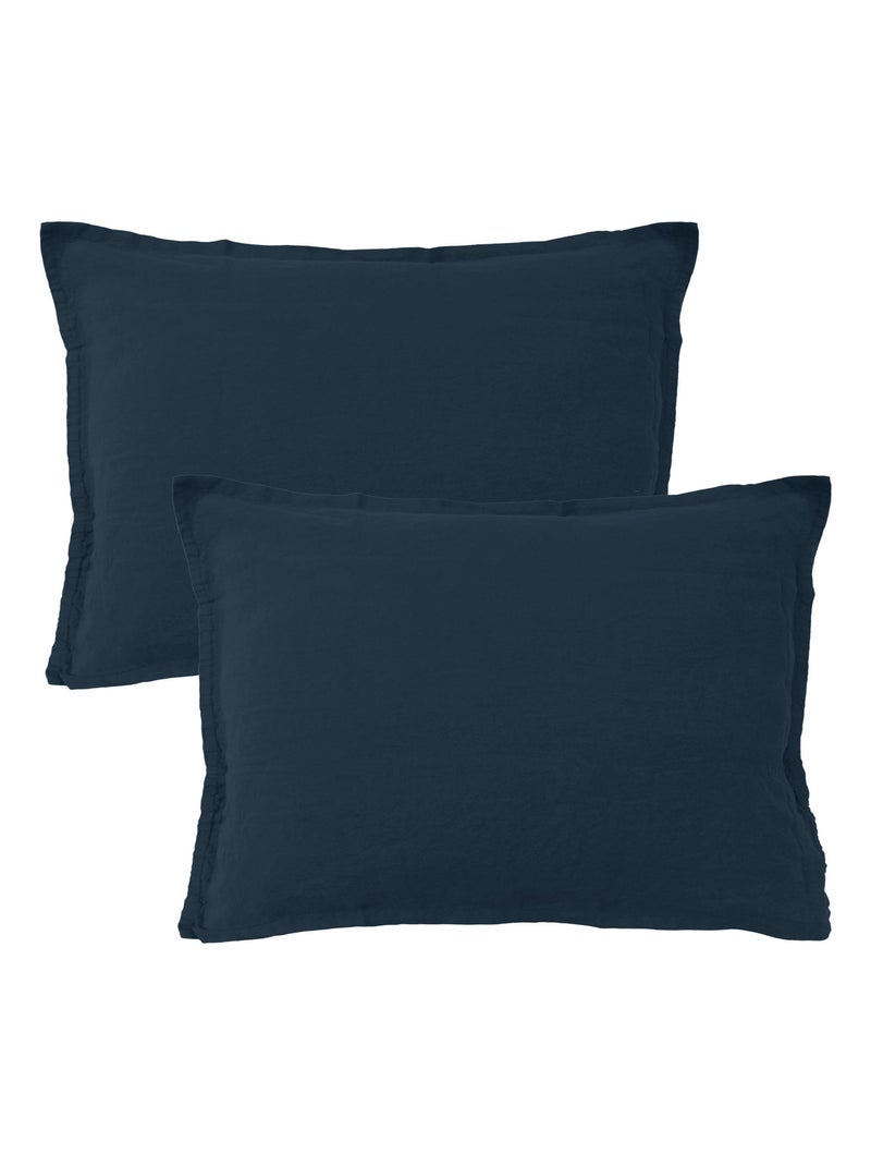 Set de 2 taies d'oreiller unies en lin, LIN LAVÉ Bleu marine - Kiabi