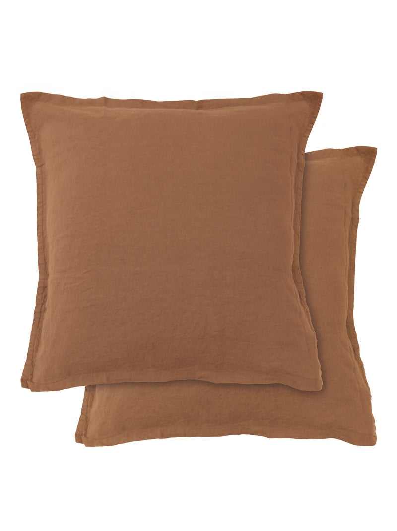 Set de 2 taies d'oreiller unies en lin, PASSION LIN Marron - Kiabi