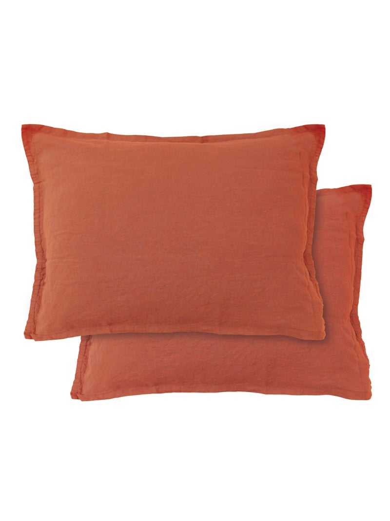 Set de 2 taies d'oreiller unies en lin, PASSION LIN Rouge clair - Kiabi