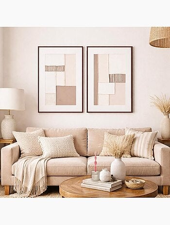 Set de 2 toiles peintes à la main à motifs géométriques beiges 60x80cm