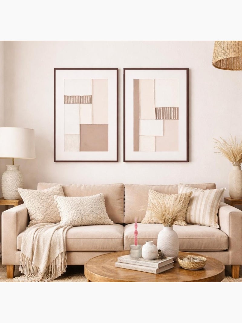Set de 2 toiles peintes à la main à motifs géométriques beiges 60x80cm Beige - Kiabi