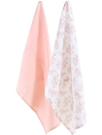Set de 2 torchons motifs fleuris blanc, rose