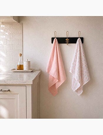 Set de 2 torchons motifs fleuris blanc, rose