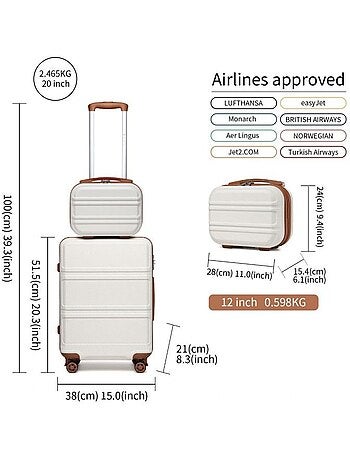 Set de 2 valises - 51.5x38x21 cm, rigide abs, 4 roues, serrure tsa - kono